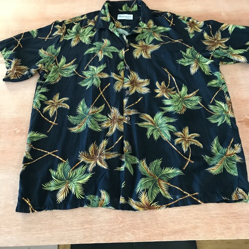 Bishop Street Hawaiian Shirt Men L Green Floral Button Up Pocket Short Sleeve